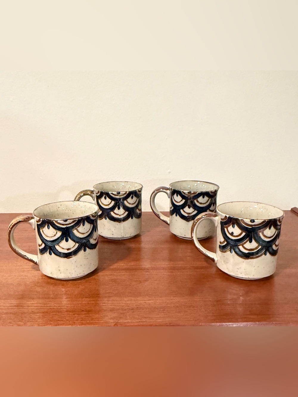Vintage 1970s Otagiri Fish Scale Speckled Stoneware Mug Set of 4